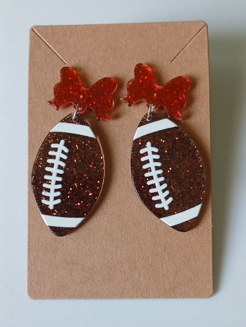 Fashion Jewelry Red Bow Brown Glitter Football Drop Earrings